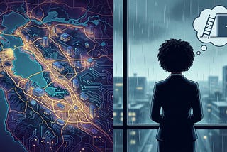 Gemini-generated art showing a glowing tech map of Silicon Valley, adjacent to a woman gazing out at a rainy urban skyline. A thought bubble above her depicts a ladder leading to an open door, symbolizing career aspiration.