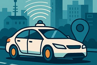 IMAGE: A stylized city scene shows a self-driving car emitting wireless signals as it navigates urban streets, symbolizing the rise of robotaxis and connected autonomous mobility