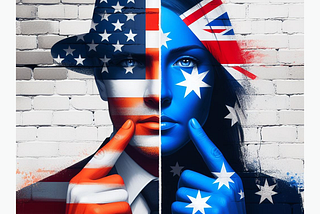 On the left a man in a hat is covered by a US flag, on the right a woman covered by an Australian flag
