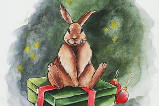 Cartoonish bunny sitting on a wrapped gift with a fuzzy tree and ornaments in the background.