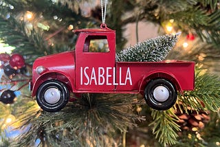Personalized metal red truck or galvanized Christmas ornament. Name and year