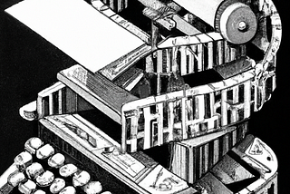 A hand drawing of a printing press turning into a typewriter in the black-and-white style of M. C. Escher, made by Dall-E