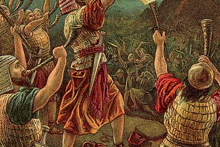 A lithograph depicting the Bible story of Gideon and his men blowing their horns and raising their torches, sending their opponents into disarray.