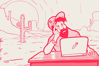 Illustration of a man at with a laptop in the desert.