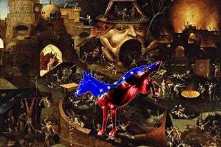 A vision of Hell from Hieronymus Bosch’s ‘Garden of Earthly Delights,’ with a superimposed kicking donkey in red, white and blue livery with white stars, in the style of the Democratic Party mascot.