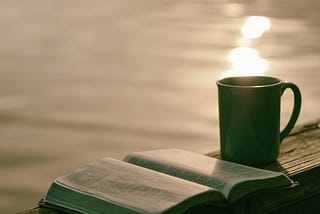 A mug and book set by the water.