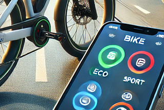 AI-generated image of an e-bike in the background and an app interface in the foreground.