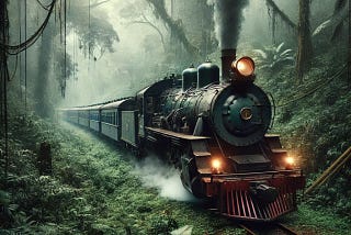 A very different kind of journey shows a train traveling from London to Newcastle stopped in a jungle.