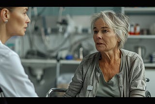 An older woman in a wheelchair talking to a nurse.