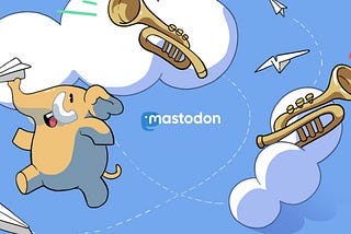 A cloudy sky full of paper aeroplanes, trumpets tooting and a Mastodon about to throw a paper aeroplane using its trunk