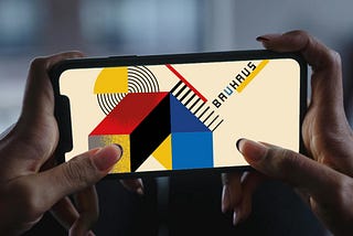 A classic Bauhaus poster of geometric shapes appears as a smart phone UI.