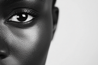 Tight on the face of a beautiful dark-skinned black woman, facing the camera on a white background, only her half face is visible, her eye looking right at you. in a simple, minimalistic style with high contrast between black and white, in the graphic design style of professional photography, hyper-realistic.