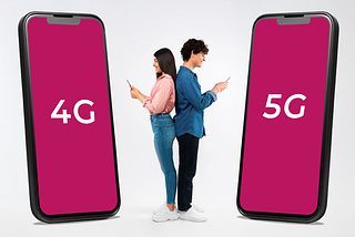 Image of a boy and girl checking their phone about 5G vs 4G Prepaid Plan and sand standing between two smartphones.