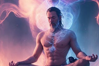 AI-generated full-body shot of a man meditating as a wispy evil spirit subtly rises behind him in the background