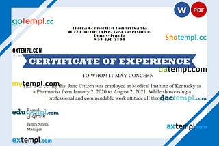 USA Job Experience certificate example in Word and PDF format, version 2