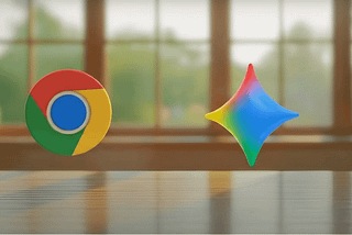 Chrome logo beside colorful Gemini symbol floating in a bright room with wooden floor and windows.