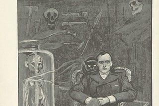 A pale man in a suit sits in a chair with a black cat on his shoulder. There is smoke floating around the room. On the wall hangs weapons and skulls.