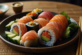 A beautifully arranged sushi platter featuring salmon-topped nigiri and rolls, garnished with wasabi and served on a bamboo mat for an elegant dining experience.