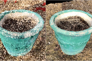 A side by side picture of the two parts of a fusion scan. On the left there is scan in process of being captured with the visual aid of lidar. On the right is the finished scan processed with photogrammetry