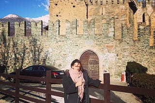 Author in front of family castle in Aosta Valley