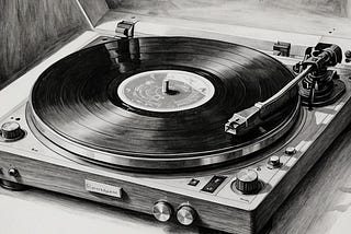 Charcoal drawing showing  a record player and black vinyl playing on it.