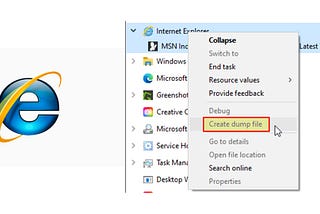 Create dump files (memory dumps) of Internet Explorer.