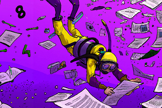 A scuba diver going diving into a sea of research reports and numbers