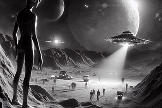 Imaginary Sci-Fi movie shot from the 60’s. An alien is portrayed observing earthlings below, in a moon-like environment.