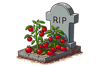 A cartoon depiction of some tomatoes growing on a grave.