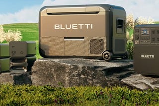 The Bluetti SwapSolar ecosystem on full display with a green field background.
