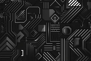 Illustration image of an intricate technologic maze made of abstract geometric shapes on a dark background
