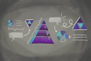 Abstract design of pie charts, pyramid and triangles on charcoal background