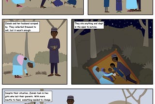 Illustrated story of Zainab, displaced from her home in Borno with her husband and three children.