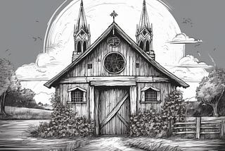 AI-generated picture of a barn with Notre Dame Cathedral elements