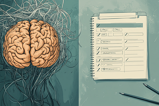 A brain with tangled lines and a notebook.