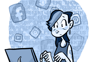 a cartoon of madi at her laptop, looking stressed. information and apps float around her head.