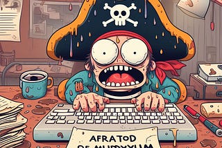 Cartoon of sweating pirate afraid and typing with note that says afratod to muddyyum.