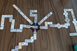 A completed game of Mexican train dominoes. 6 of 8 tracks are used, and one track is closed.