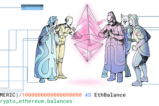 Ethereum Logo with characters standing around.