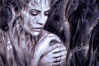 Fantasy artwork showing a woman entwined with roots