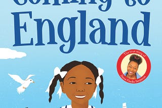 Illustrated cover w/ book title and young Black girl representing Floella centered, larger than rest of the scene and smiling with smaller images of a boat, family members walking across and background of a sky