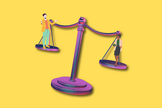 Image of a purple of scale, on one side and higher a white man, and on the other side, lower a black woman to depict today’s inequality