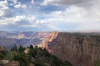 A view of the Grand Canyon with clouds in the sky above, trees in the foreground, and the river in the distance