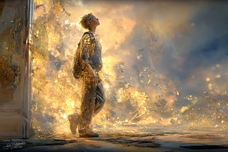 Painterly scene of a person vibrant with curiosity exiting a door into the unknown. Colors are soft shades of gold and dusty blue.