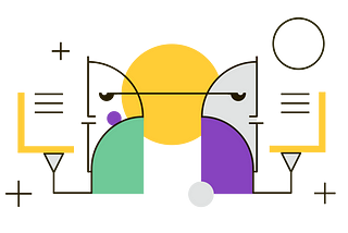 An abstract picture where two geometric faces look different but are connected with a line, with a yellow circle in the middle and behind both of them.