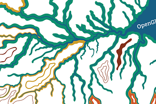 Ilustração de vários rios indo na direção de um rio maior e seu delta. Os rios são representados em azul, com margens verdes, amarelas e vermelhas, e sobre um fundo branco.