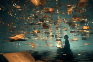 A surreal, futuristic library filled with glowing books floating in mid-air, some open and being written on by robotic arms while others emit holographic words. In the background, a human silhouette sits alone reading, blurred and fading into binary code. Moody, cinematic lighting with a mix of warm amber tones and cold blue light, evoking a sense of wonder and unease.