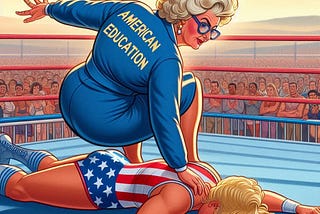 A stylized illustration of a wrestling match features an older woman with curly white hair, glasses, and a blue tracksuit labeled “AMERICAN EDUCATION” on the back. She is pinning down a muscular blonde wrestler dressed in a patriotic outfit with stars and stripes. The wrestler is lying face-down on the mat, seemingly defeated. The background shows a cheering crowd in a wrestling arena, with warm hues of a sunset sky. The image conveys a metaphorical struggle.