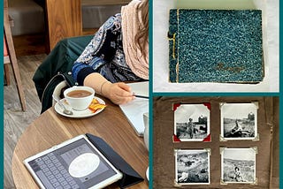 A collage of three images. A coffee shop with an iPad, a cup of tea, and a woman drawing; an old photo album; and one of the album pages with black and white photos from the 1950s.