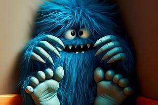 Hairy blue monster hiding in a corner